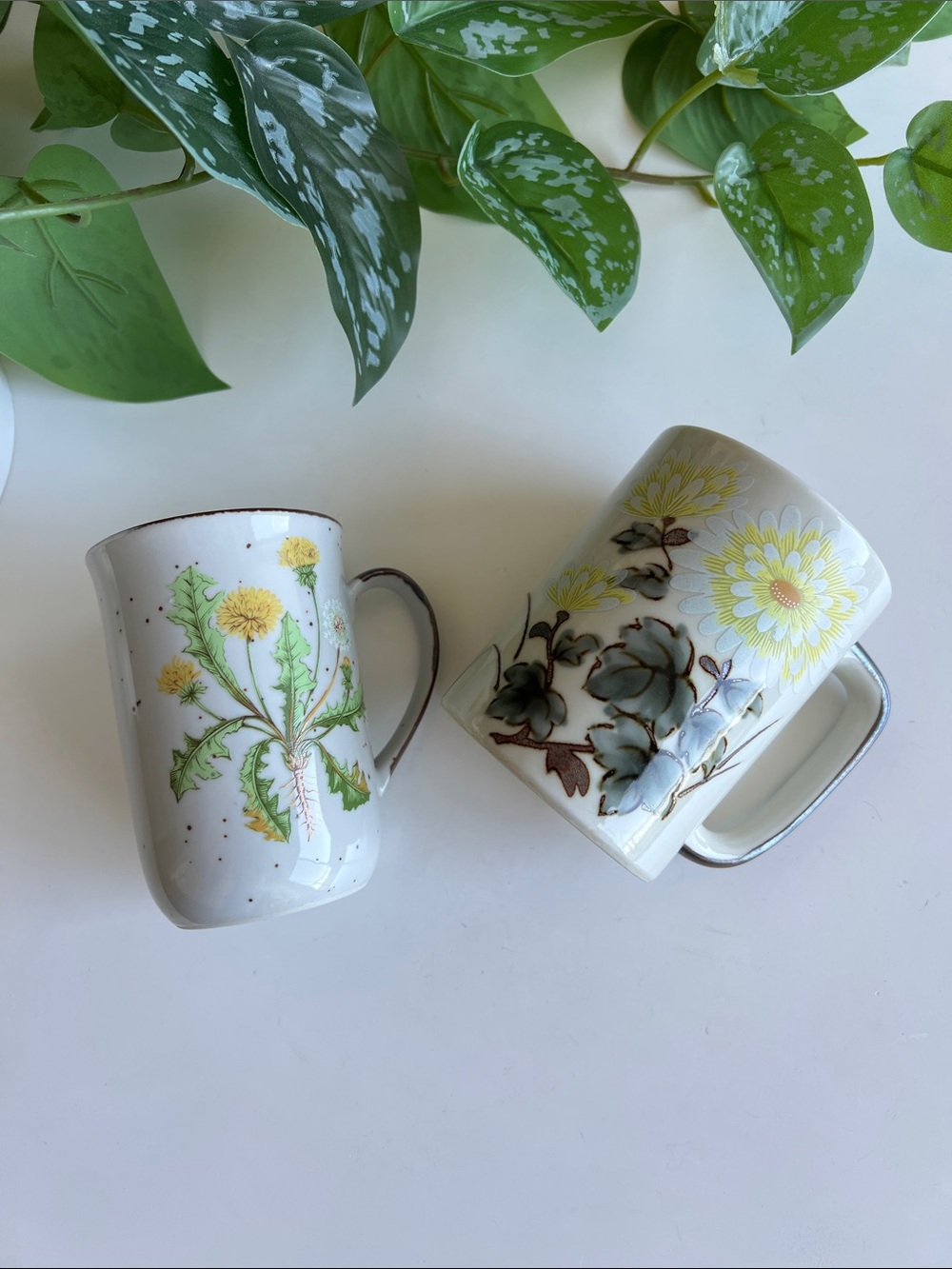 Vintage Floral Stoneware Coffee Mugs Mismatched Pair Set of 2